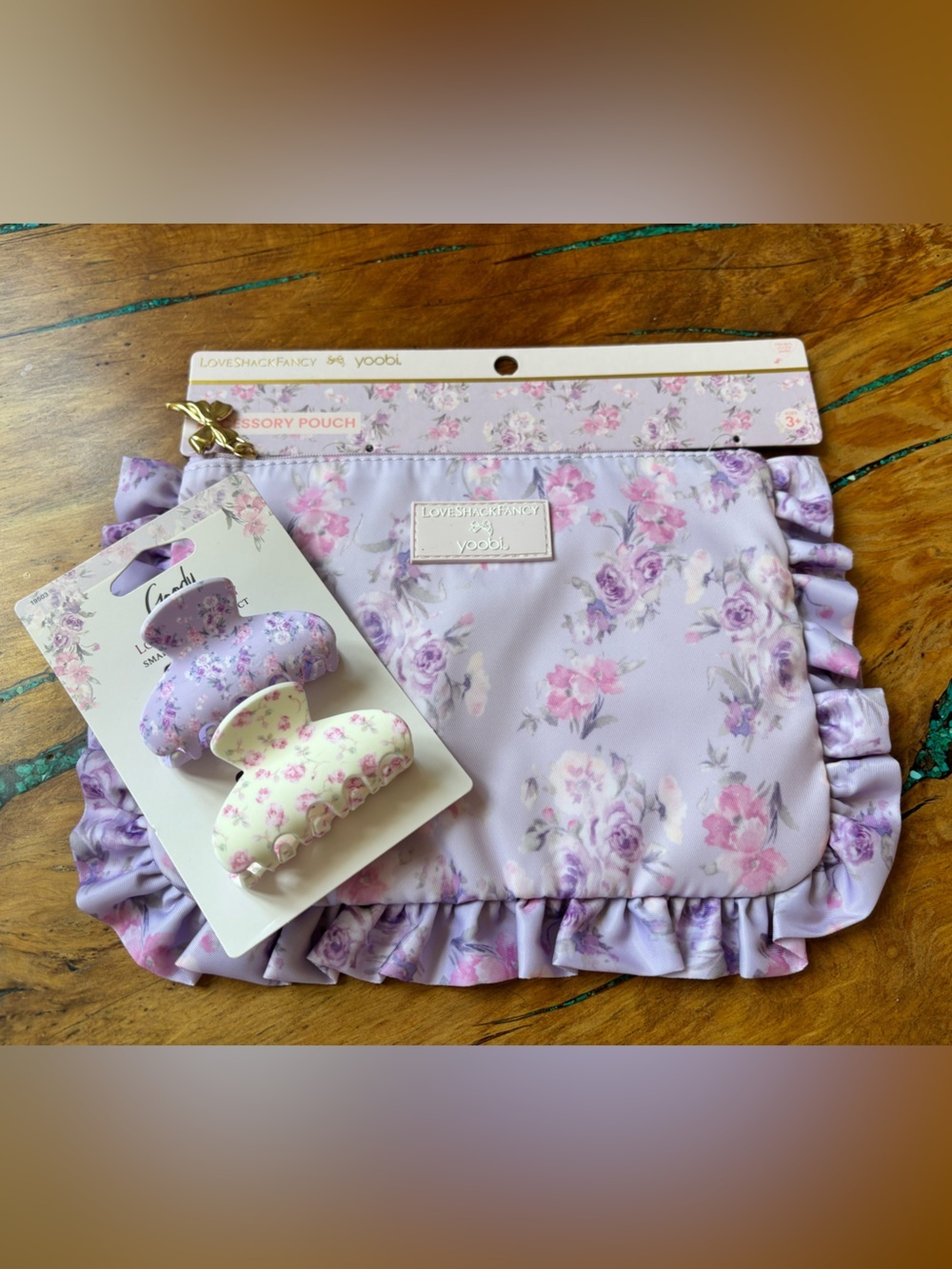 LoveShackFancy Lavender Floral Accessory Pouch with Matching Hair Clips